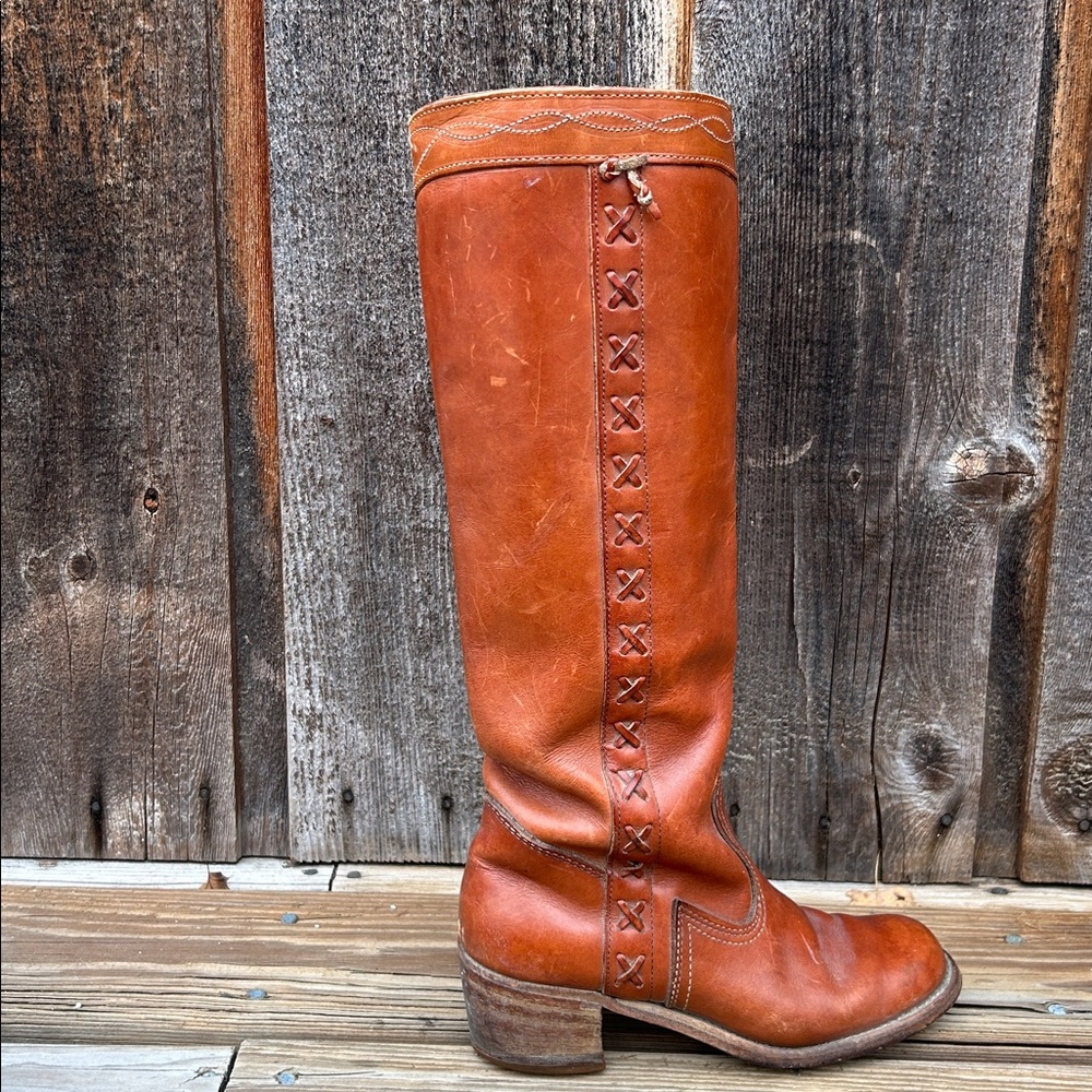 Dexter Tall Leather Heeled Boots in Cognac Brown